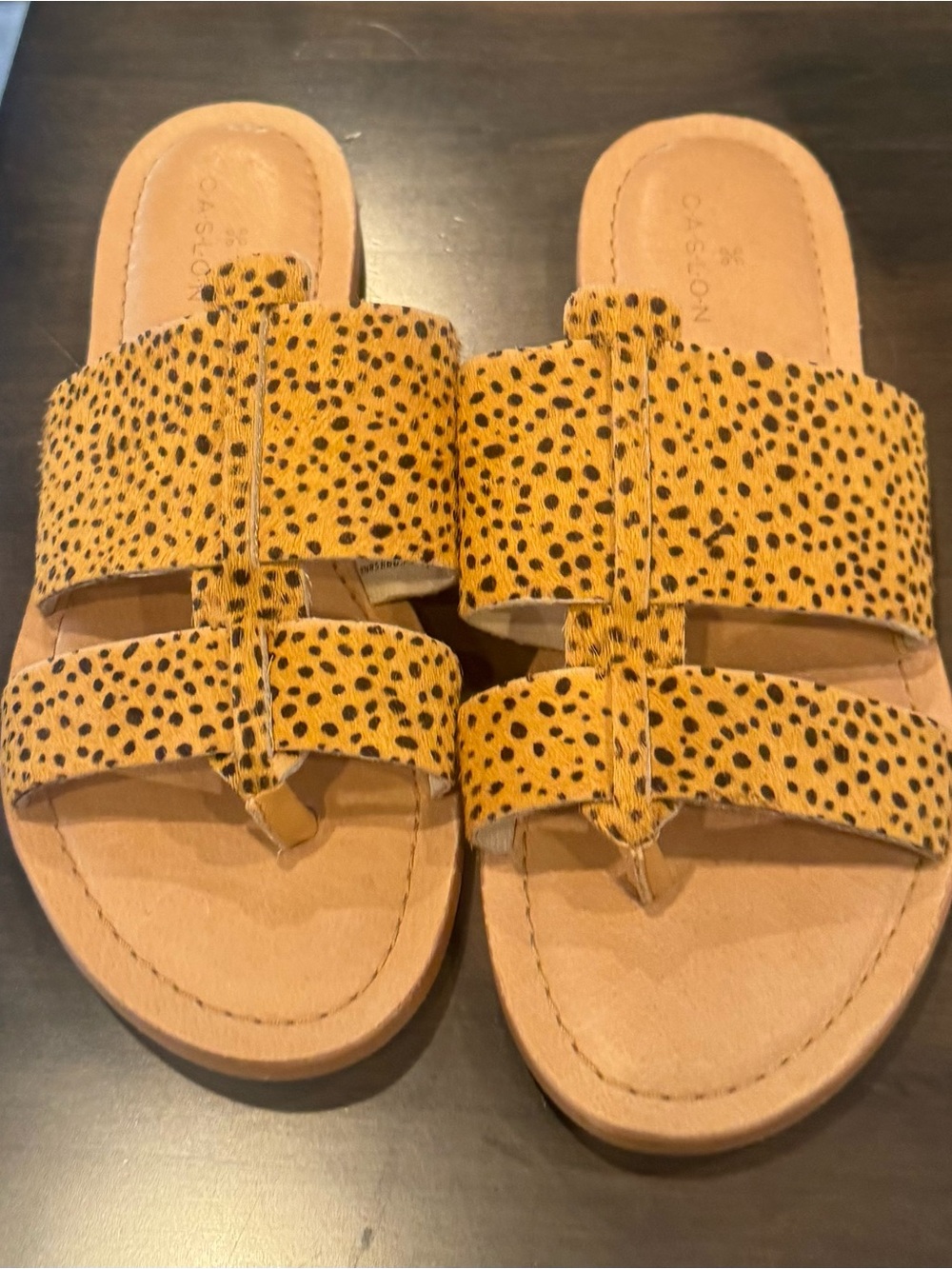 Caslon Leopard Print Double-Strap Slide Sandals in Yellow and Brown